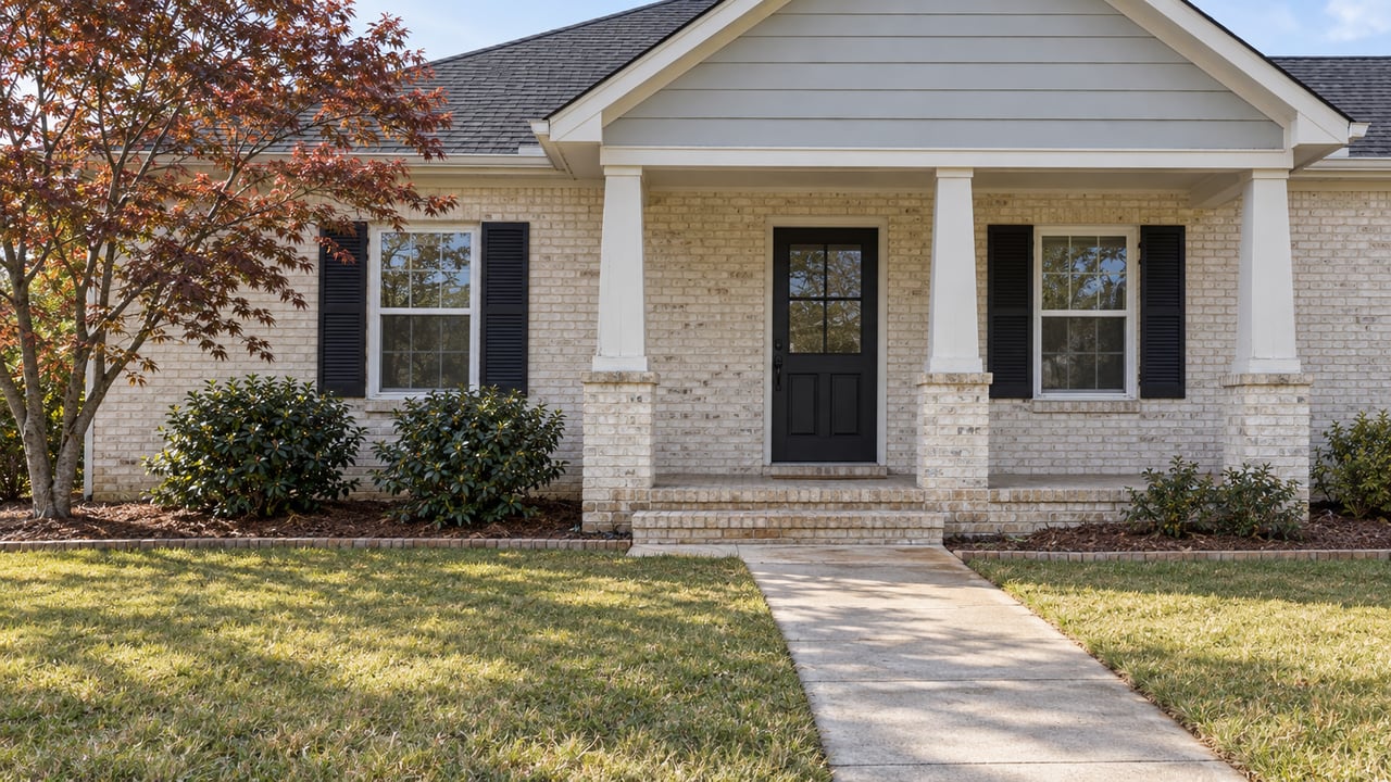 Light brick single-story home with a covered front porch, dark shutters and a concrete walk across an autumn lawn.