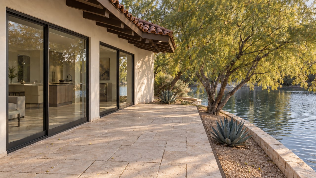 Limestone terrace with dark-bronze edging separating the pavers from a lower gravel and soil bed.