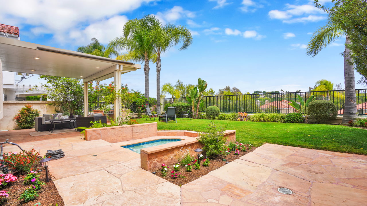 Spacious backyard with spa, mature palm trees, lush lawn, and elevated neighborhood views.