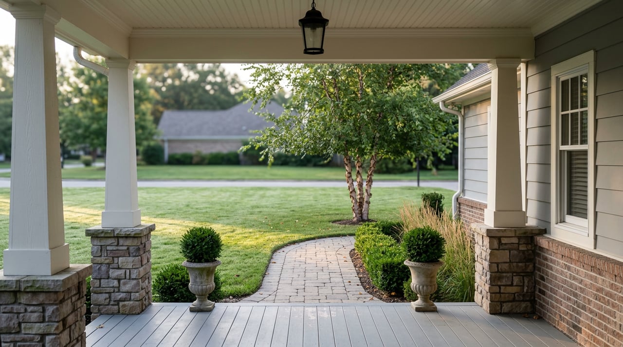 Front porch frames a mowed lawn, paver walk, clipped boxwood, and a multi-stem birch in early sunlight.