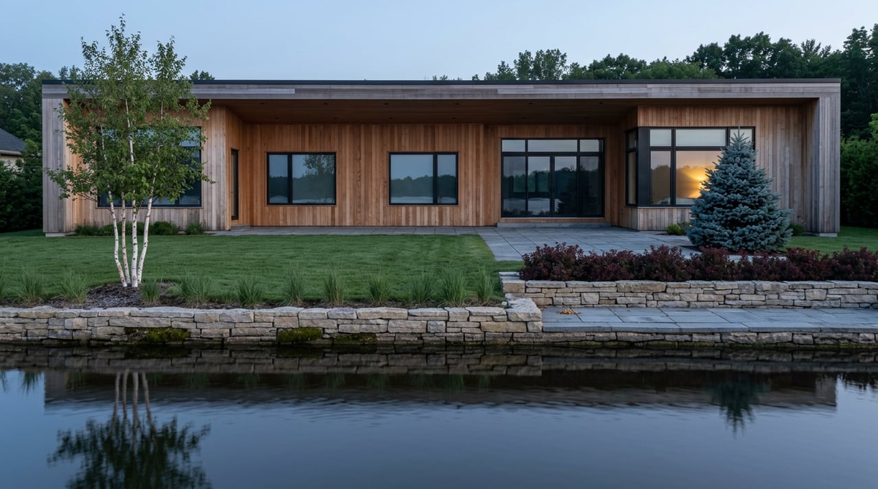 Cedar-clad lakeside home across still water, with a stone shoreline wall, white-barked birch, and one glowing window.