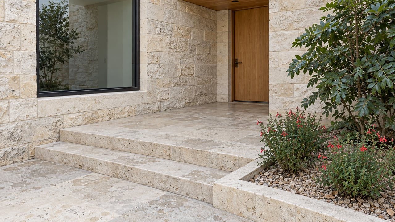 Close view of a limestone home with a black-framed window, sheltered timber door, broad stone steps and carefully planted terrace edge.