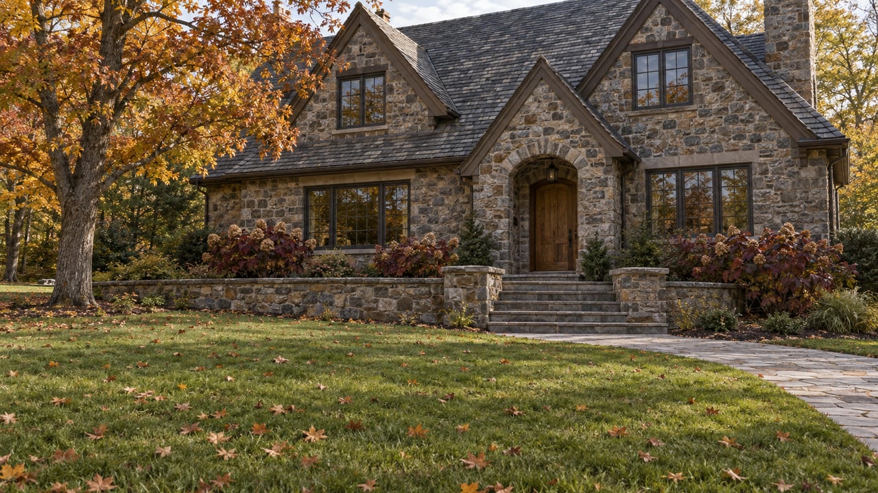 Stone home with steep slate gables above a terraced lawn, framed by an autumn sugar maple and oakleaf hydrangeas.