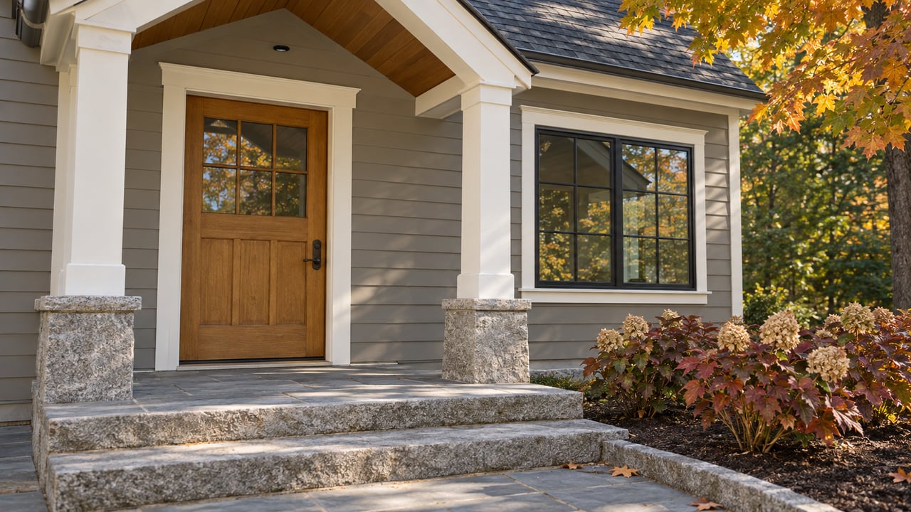 Gray clapboard home with a sheltered oak front door, granite steps and autumn oakleaf hydrangeas.