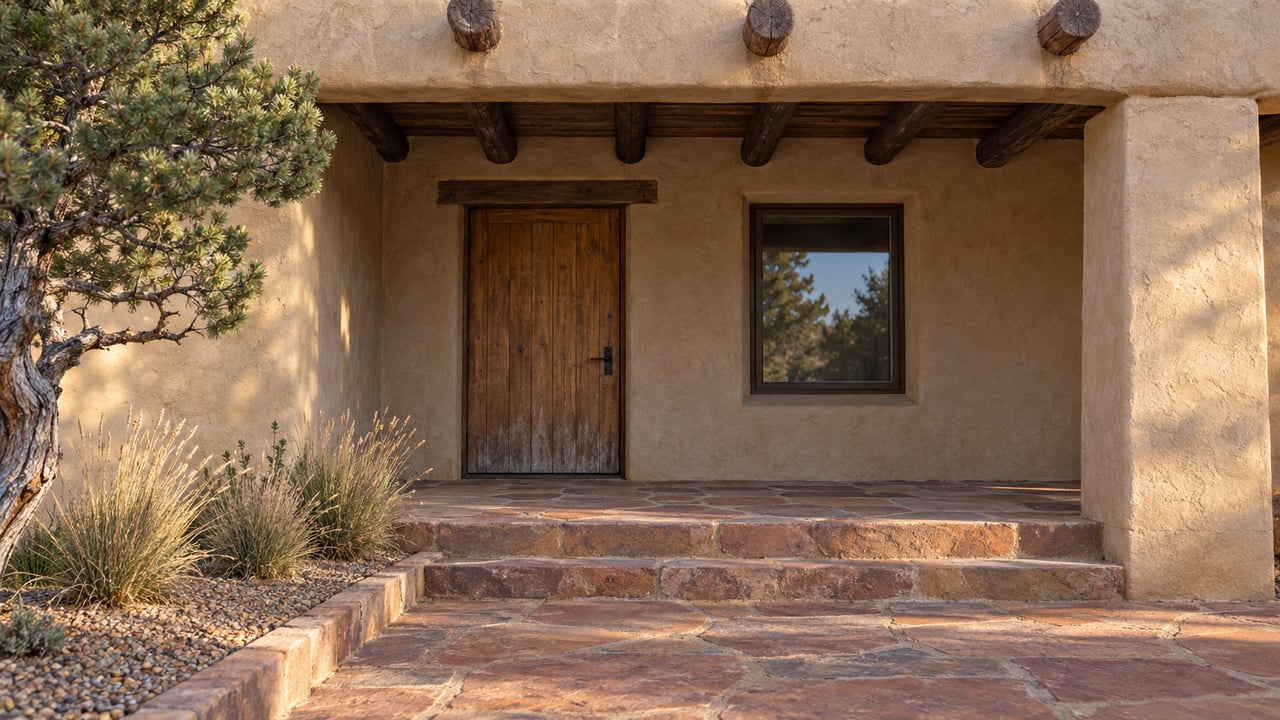 Sun-warmed stucco entry with timber roof beams, a recessed wood door, sandstone steps and carefully placed dryland planting.