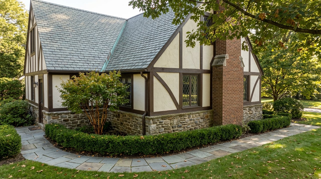 Tudor Revival house corner with slate roof, timbered stucco gable, stone base, and flagstone path.