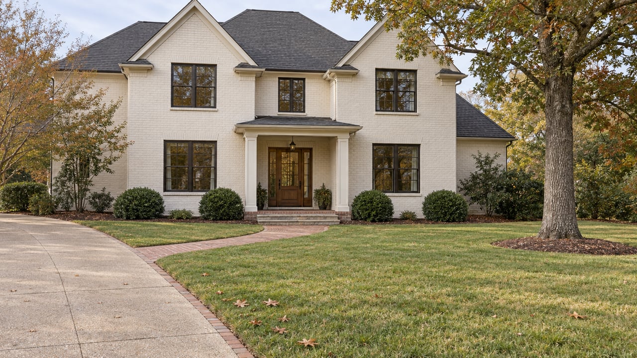 A warm-white brick home with gabled roofs, a sheltered oak entry, a deep lawn, and a mature oak in early-autumn daylight.
