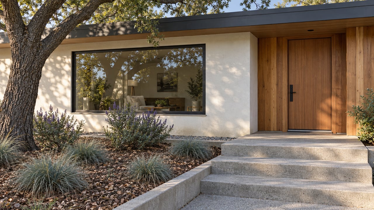 Low contemporary home with white stucco, weathered vertical cedar, black-framed glazing and concrete steps beside an oak-shaded planted bed.