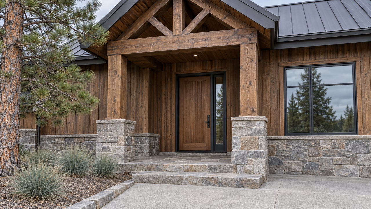 Timber-gabled covered entry with cedar siding, sandstone steps and dark-framed glazing beside a ponderosa pine.