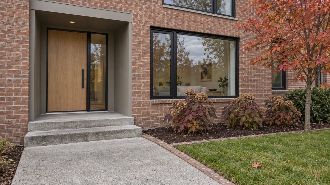 Autumn light on a renovated brick townhouse entrance, with sheltered wood door, black-framed windows and red maple foliage.