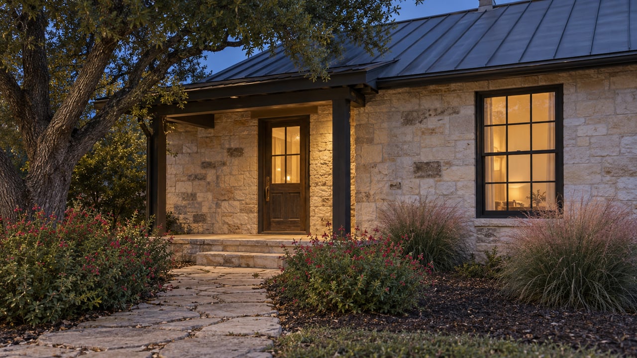 Limestone house at blue hour, with a warm glow behind the glazed door and divided-light window.