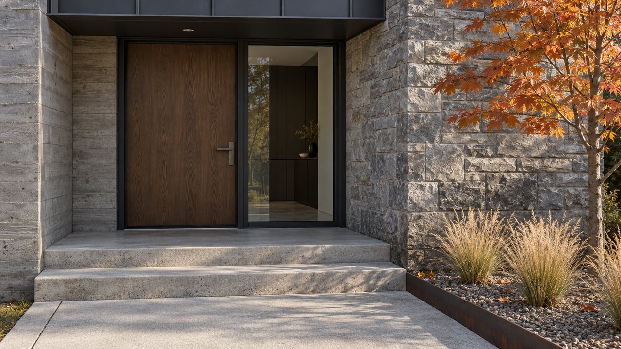 Contemporary recessed oak entrance with a glazed sidelight, gray stone pier, dark metal canopy and concrete steps beside autumn maple foliage.