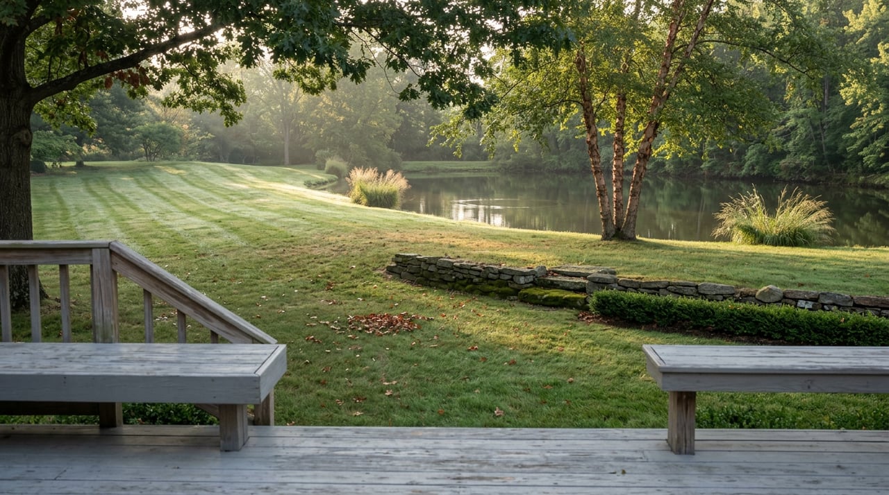 Mown lawn slopes toward a tree-lined pond, with a stone wall, river birches, and a raised deck in the foreground.