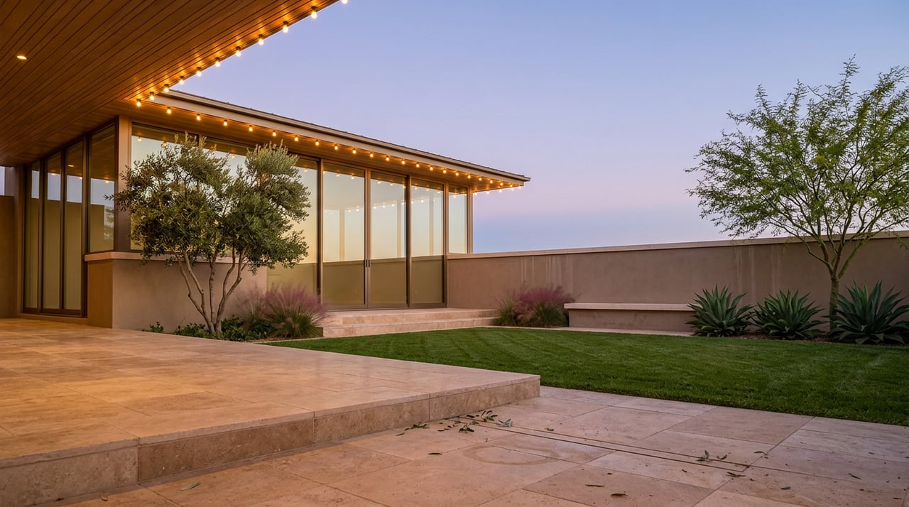 Stone terrace and glass pavilion at dusk, with glowing string lights, olive tree, agaves, and a manicured lawn.