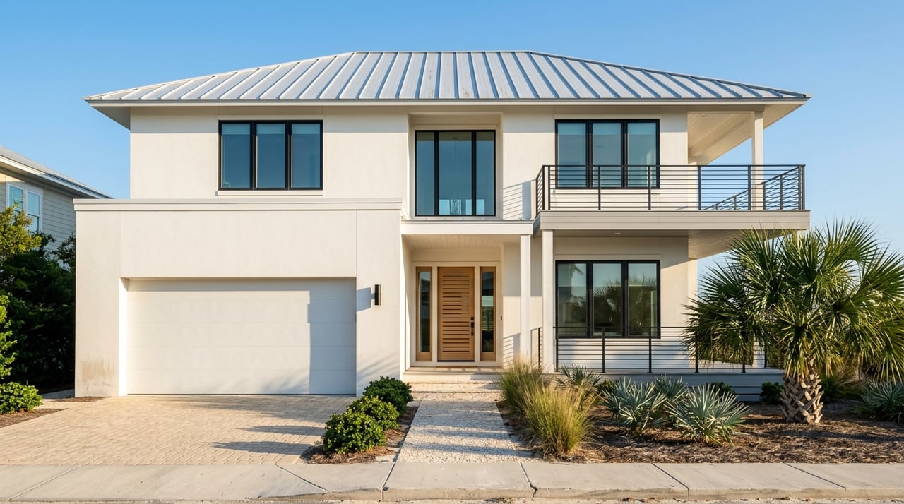 Luxury coastal home exterior with minimalist architecture and carefully arranged coastal plants.
