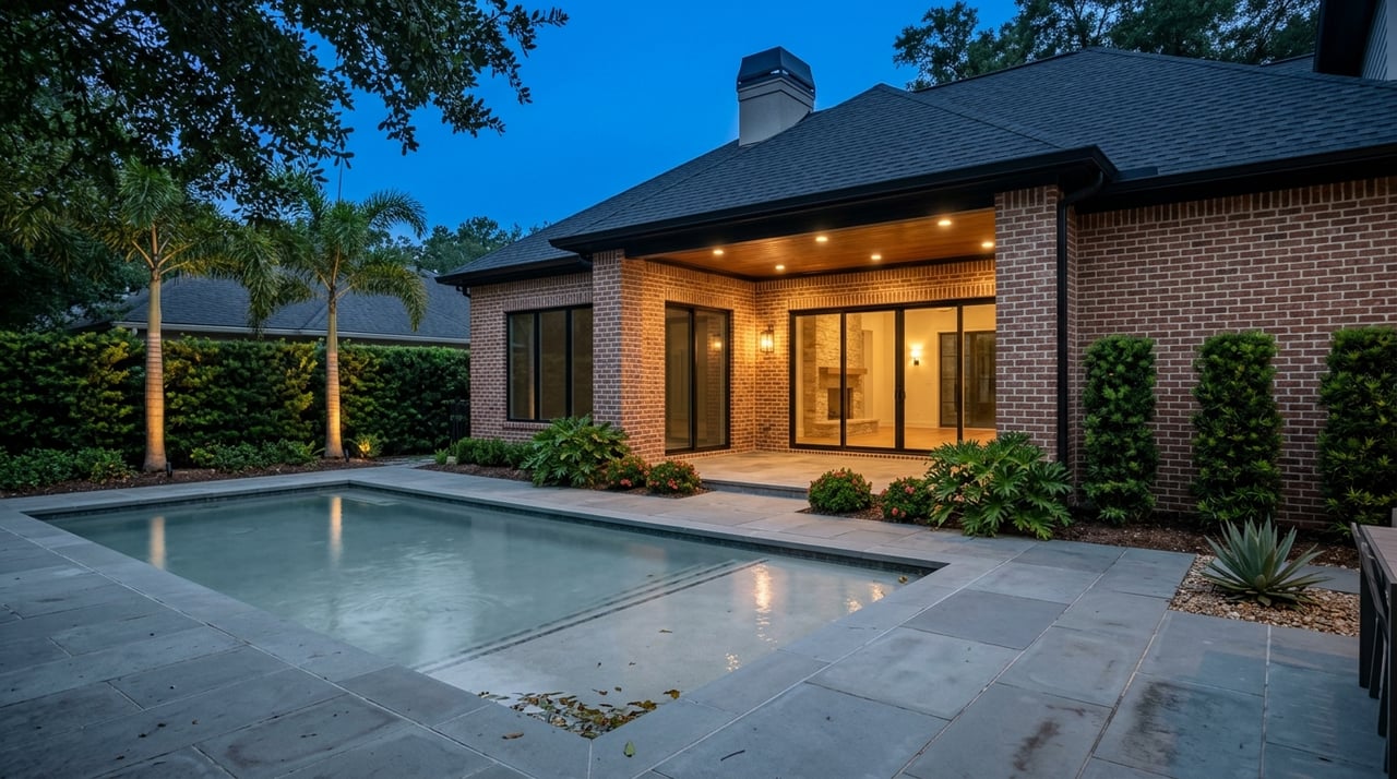 Blue-hour courtyard pool and bluestone patio lead to a brick loggia, with palms and hedges.