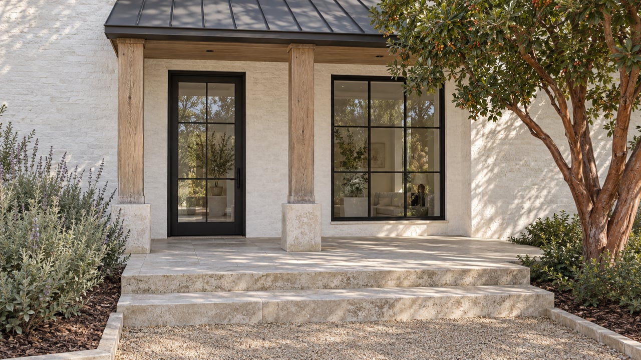 White masonry home with a charcoal porch roof, oak posts, black steel glazing and limestone entry steps beside a curated garden.