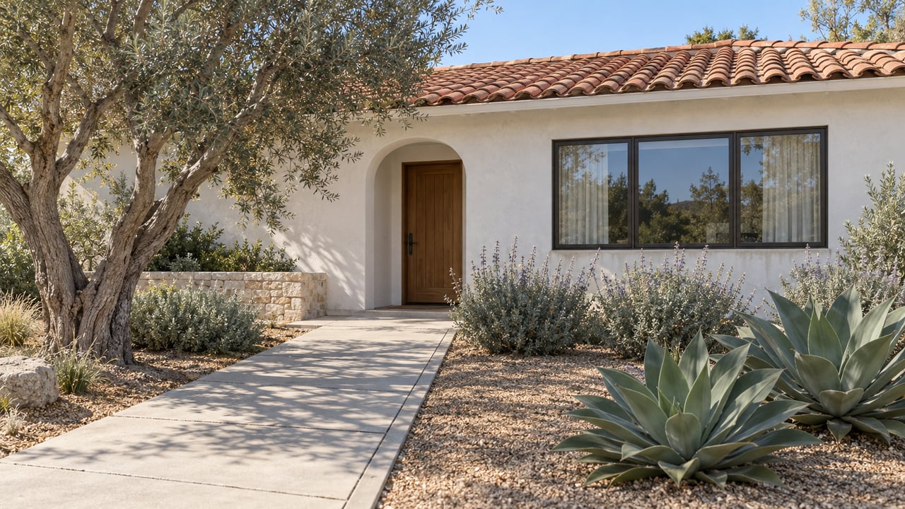 Single-story white plaster home with a clay-tile roof, recessed wood entry, olive tree and deep drought-tolerant front garden.