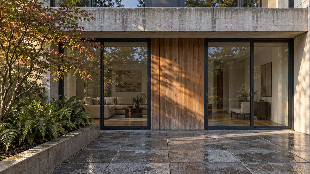 Contemporary condominium terrace with closed floor-to-ceiling windows, cedar cladding, damp granite paving and a Japanese maple beside a raised concrete planting bed.