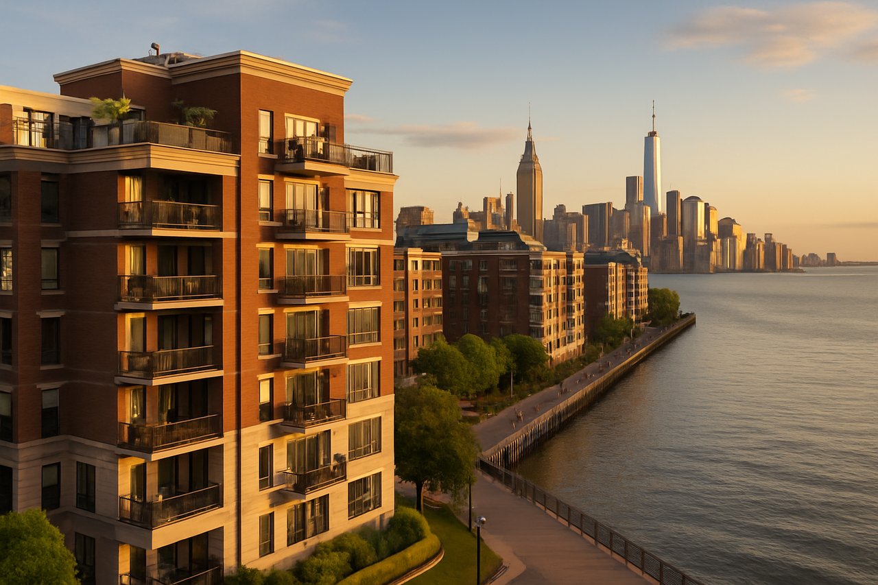 Hoboken waterfront condos at sunset with Manhattan skyline across the Hudson River, tree-lined promenade, and golden reflections on buildings.