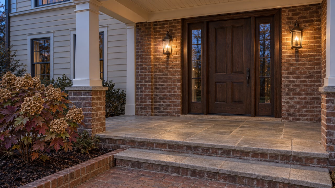 House entrance with a dark wood double door, brick facade, and glowing porch lanterns.