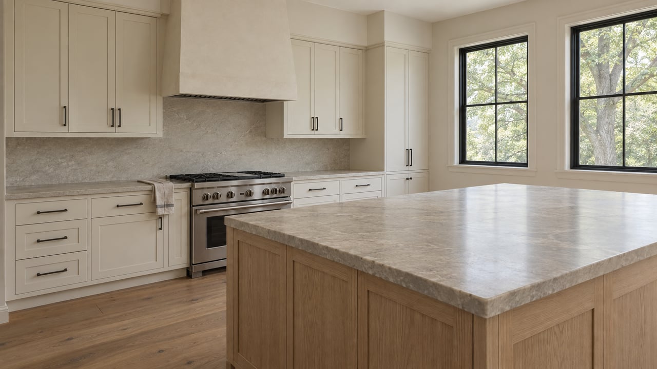 Renovated kitchen with a pale oak island, off-white cabinets, and two windows framing an oak canopy.