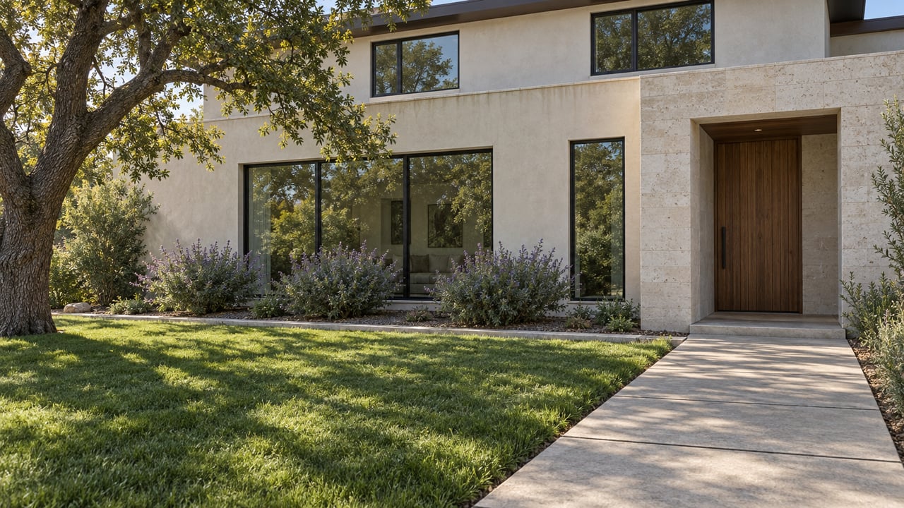 Morning sunlight crosses a deep lawn and concrete approach to a contemporary stucco home with a limestone entry, walnut door and broad glazing.