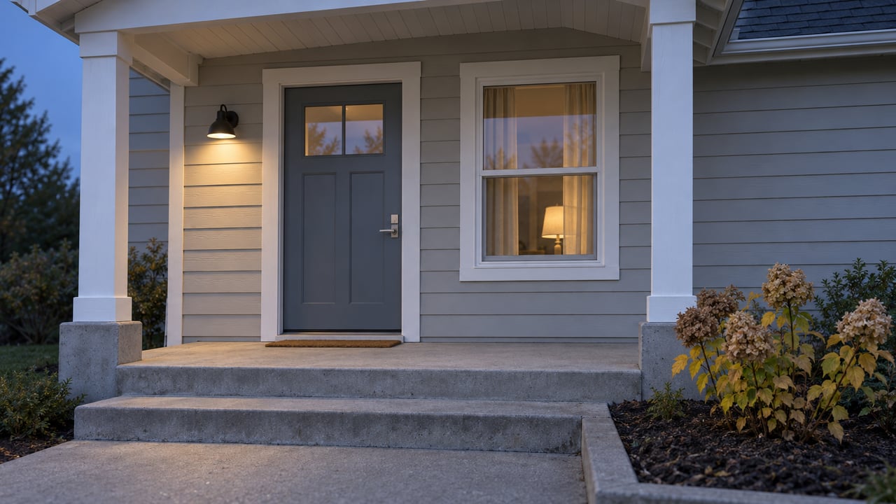 A softly lit covered entry with gray lap siding, a blue front door, concrete steps and autumn hydrangeas at dusk.