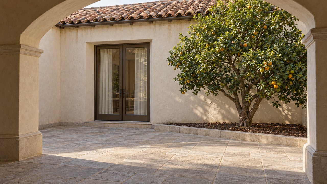 An ivory stucco courtyard with terracotta roof tiles, limestone paving, bronze-framed glass doors, and a mature mandarin tree.