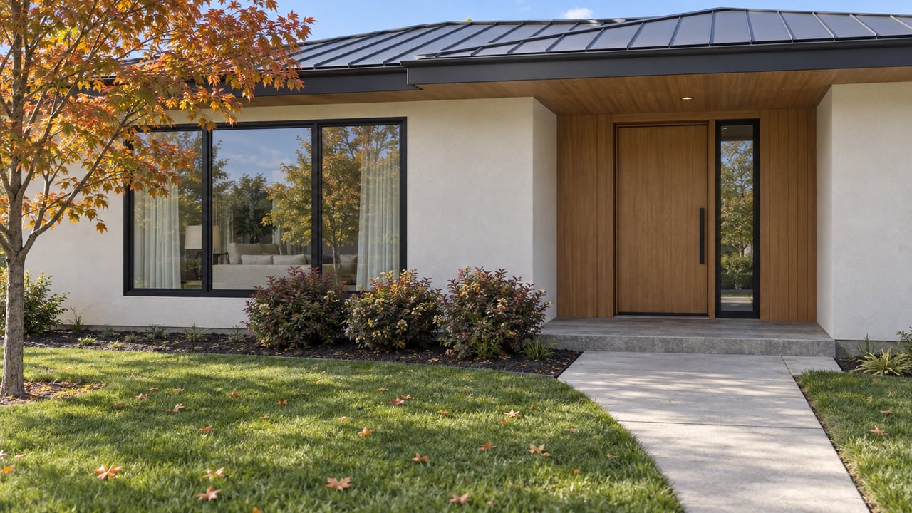 Contemporary single-story home with a sheltered oak entry, broad black-framed window, deep front lawn, and copper autumn maple foliage.