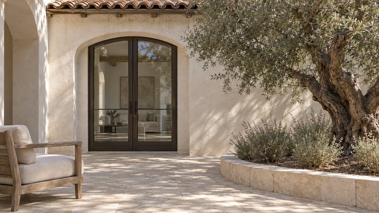 Stone patio with an arched glass doorway, wooden lounge chair, and olive tree in a raised planter.