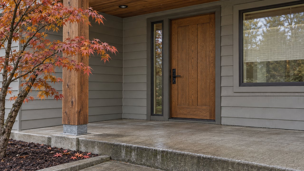 Sheltered home entry with an oak door, cedar porch ceiling, concrete steps, and a vine maple turning amber and red.