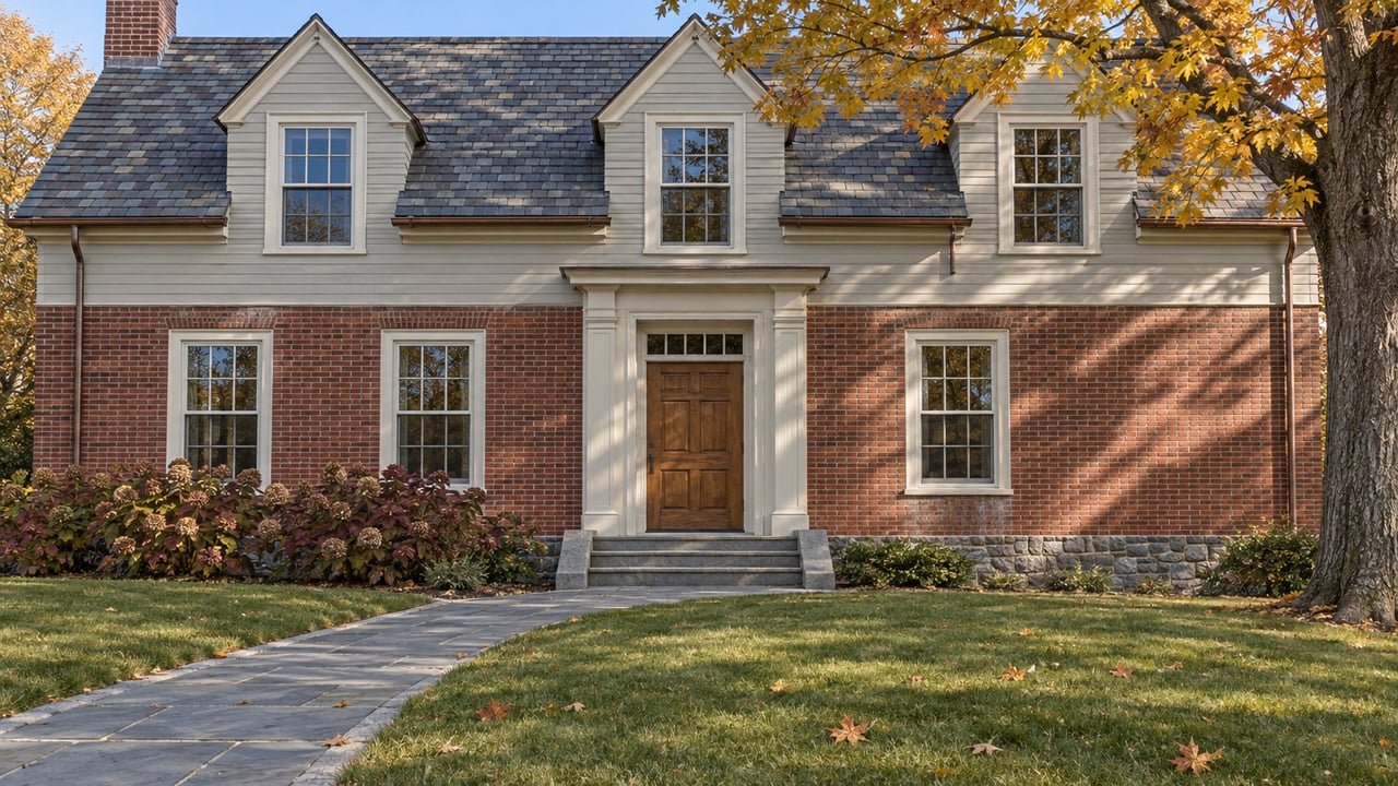 Autumn sunlight on a brick and pale-gray clapboard house with slate roofing, granite steps, and a deep front lawn.