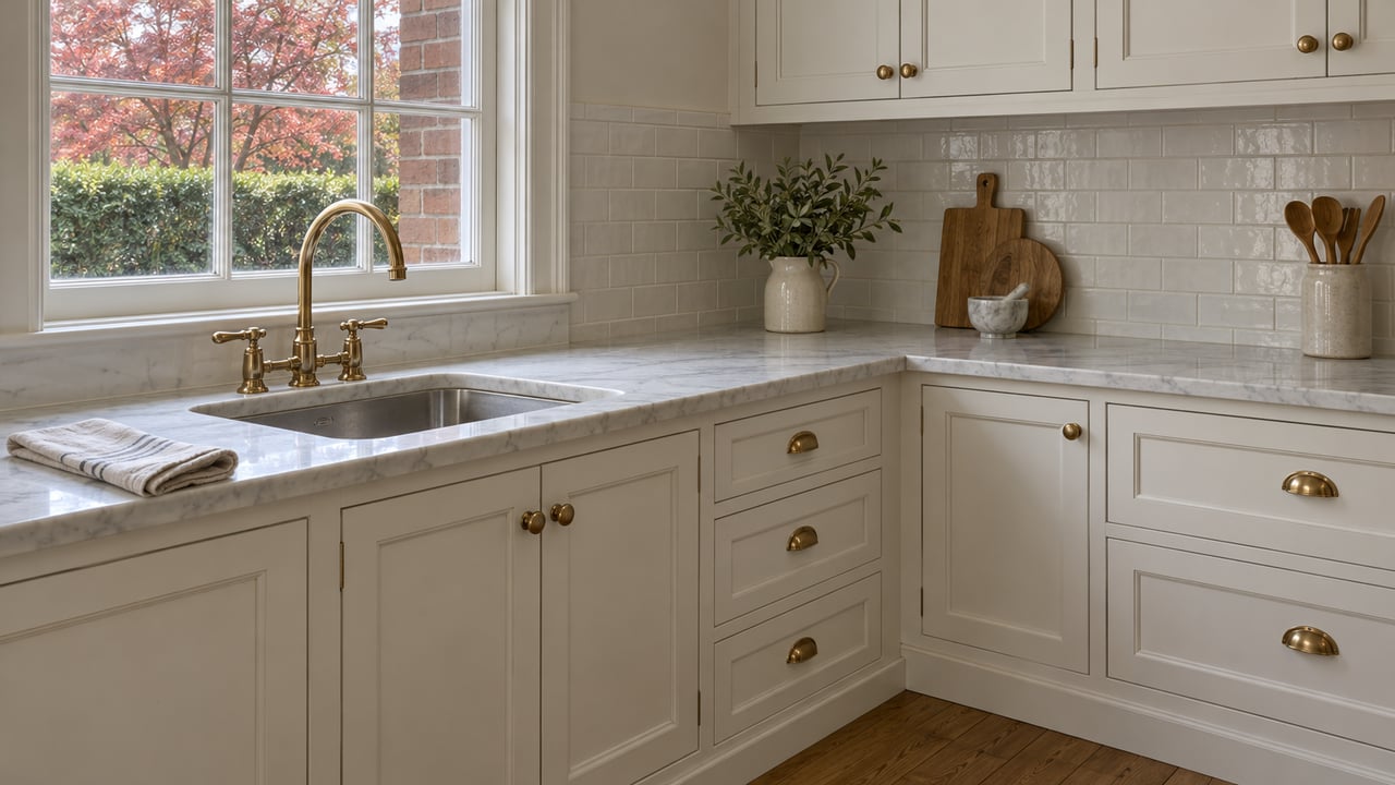 Daylit kitchen corner with white inset cabinets, a white stone countertop, brass faucet and autumn foliage beyond a closed window.