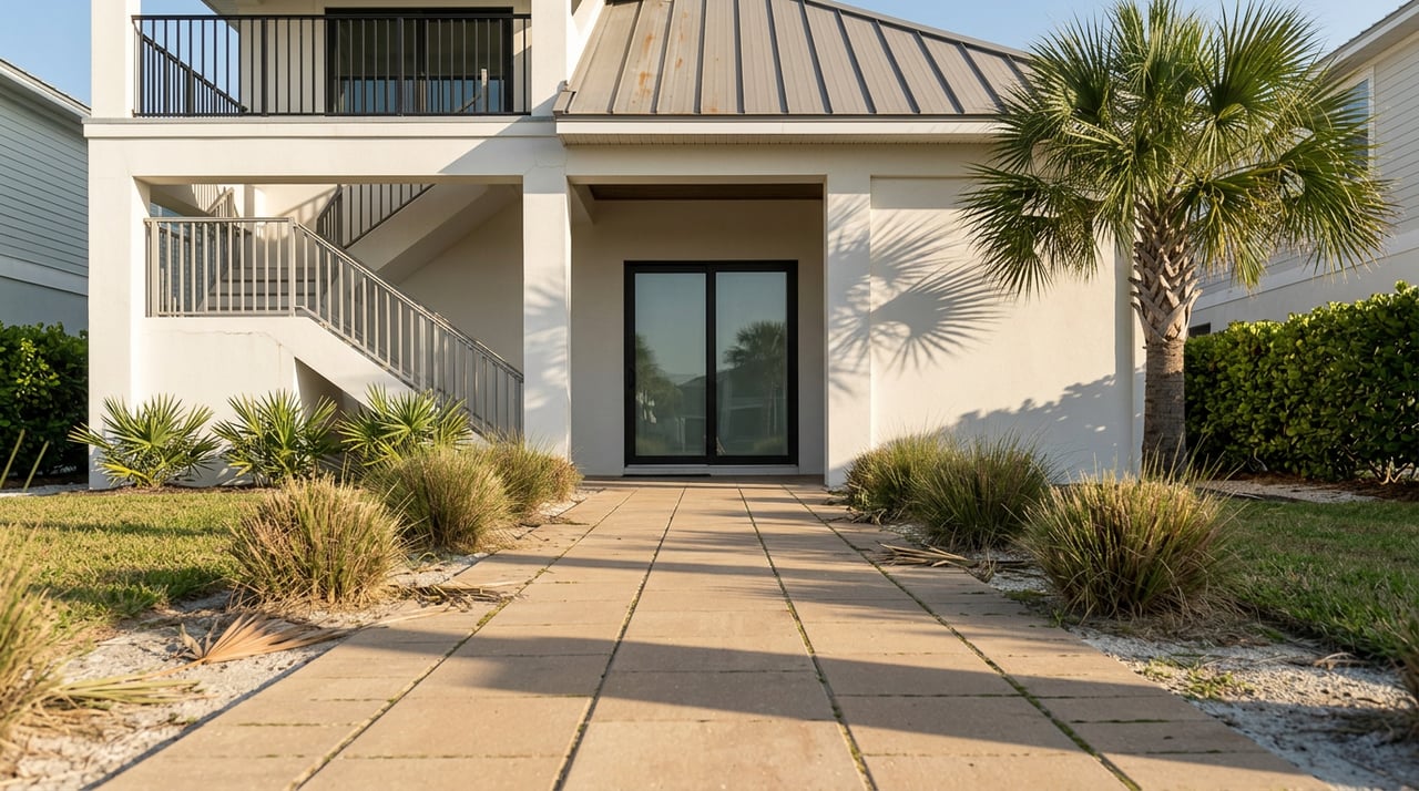 Paver path leads to a coastal home’s corner stair, beneath a palm-framed balcony and standing-seam roof.