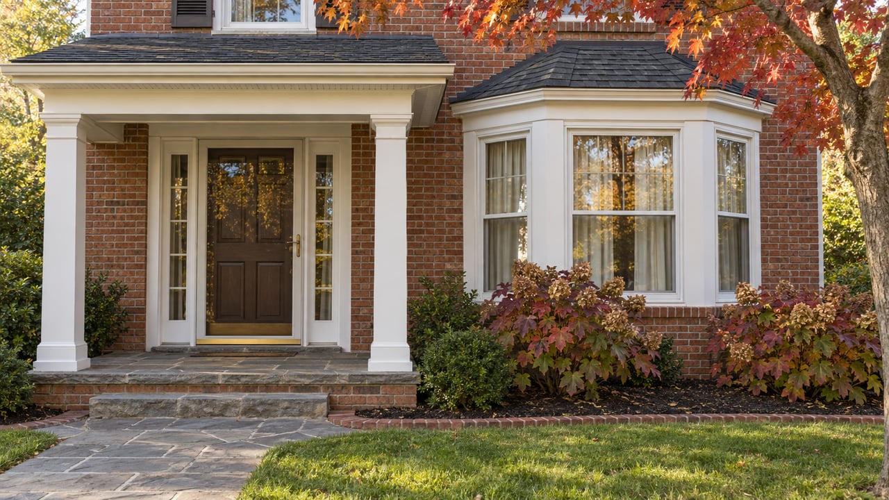 Traditional red brick home with a white-trimmed porch, bay window, flagstone approach and burgundy autumn planting.