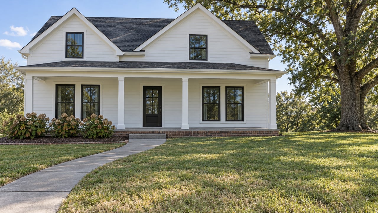 White gabled home with a covered porch, deep front lawn, mature white oak, and oakleaf hydrangeas in morning light.