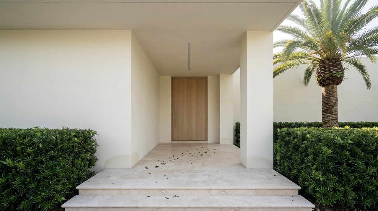 Travertine steps lead into an ivory-stucco loggia with a white oak pivot door and palm fronds overhead.
