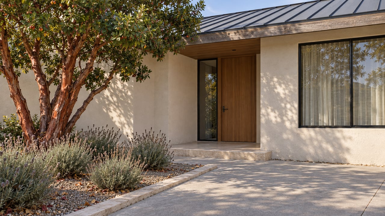 Low-roofed stucco home's recessed cedar entry beside a mature strawberry tree, with limestone steps and lavender along a concrete approach.