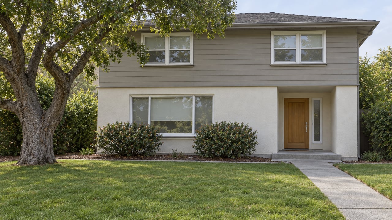 Two-story home with gray siding, ivory stucco and a wood entry, across a deep lawn beneath a sculptural evergreen oak.