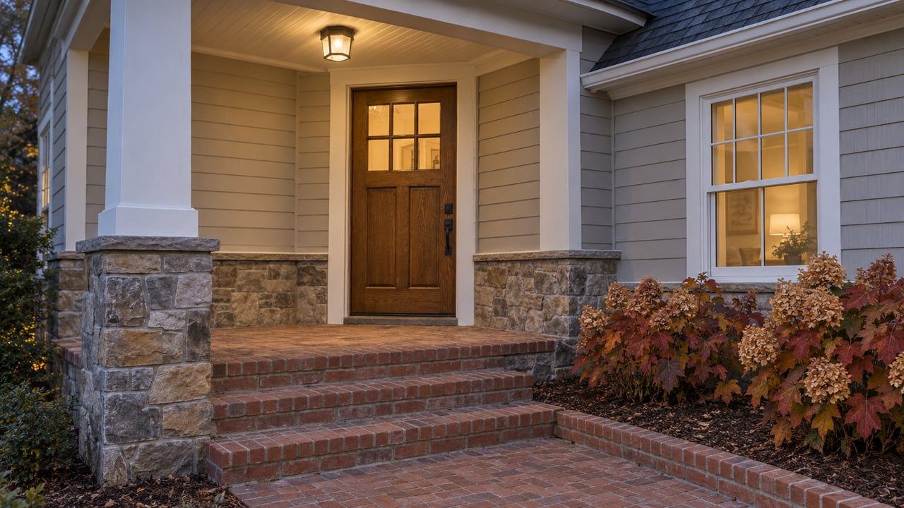 Home entrance with brick steps, stone porch columns, and a warmly lit wooden door.