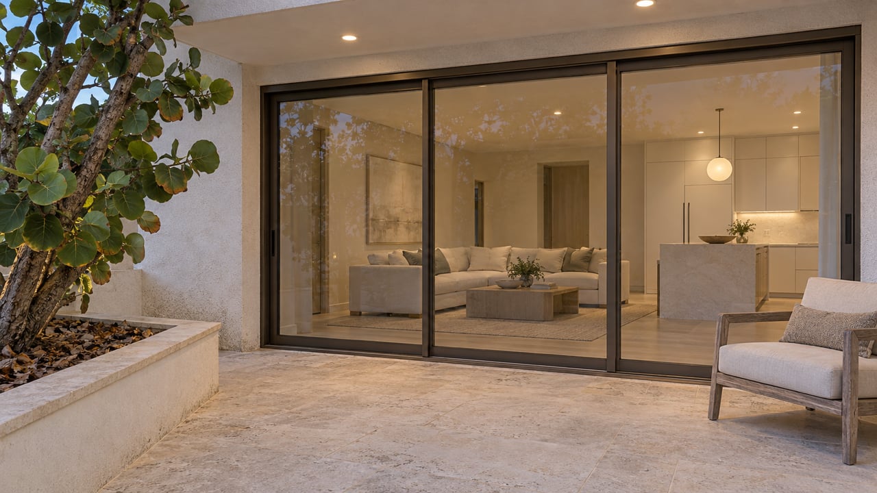 Covered limestone terrace at dusk with bronze-framed glass doors, a teak lounge chair and a sea grape tree beside an illuminated living room.