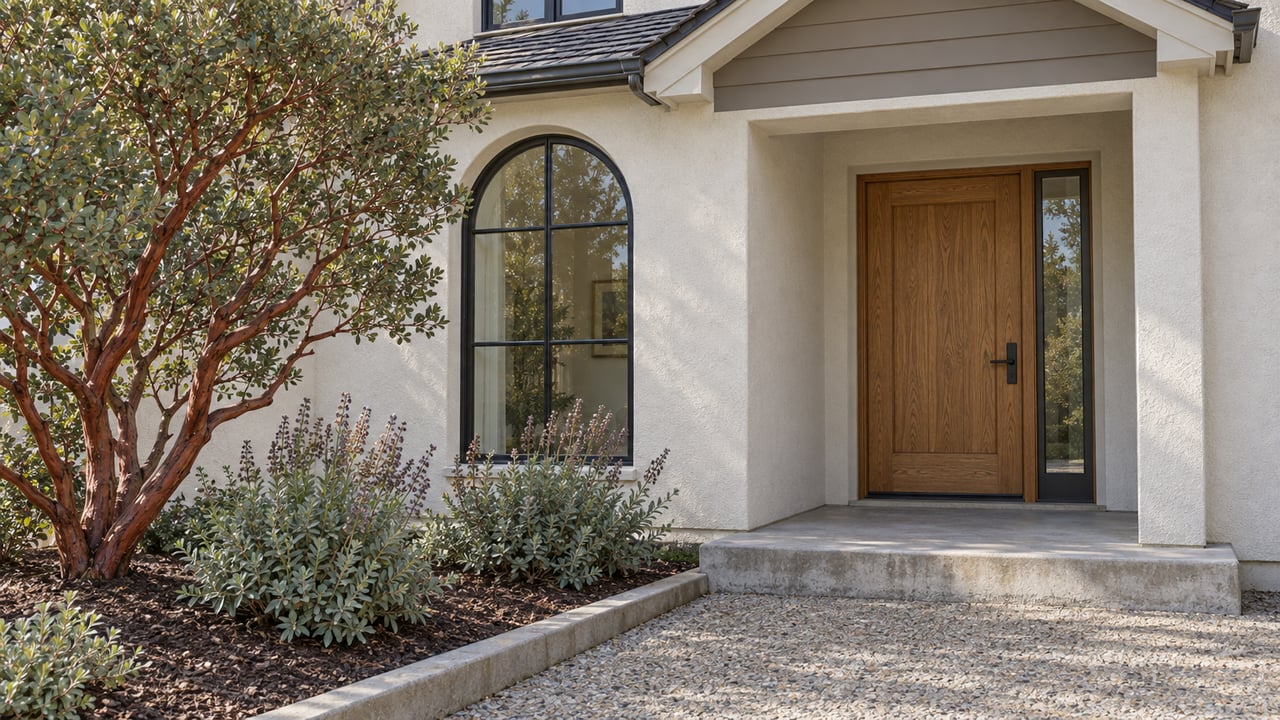 Sunlit stucco home entry with an oak door, arched black-framed window, concrete approach and sculptural manzanita planting.