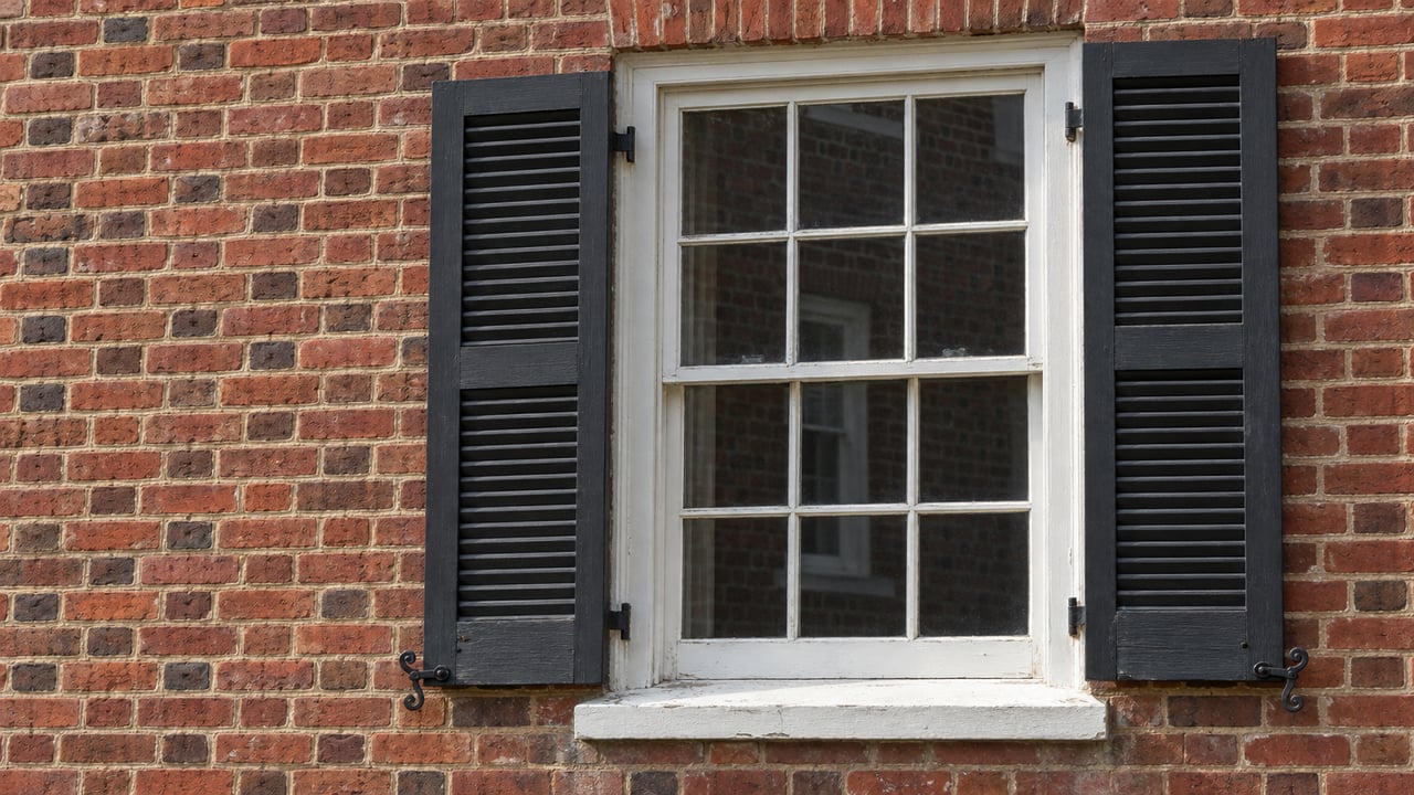 Close view of a white-painted divided-light sash window with paired dark shutters in a weathered red brick facade.