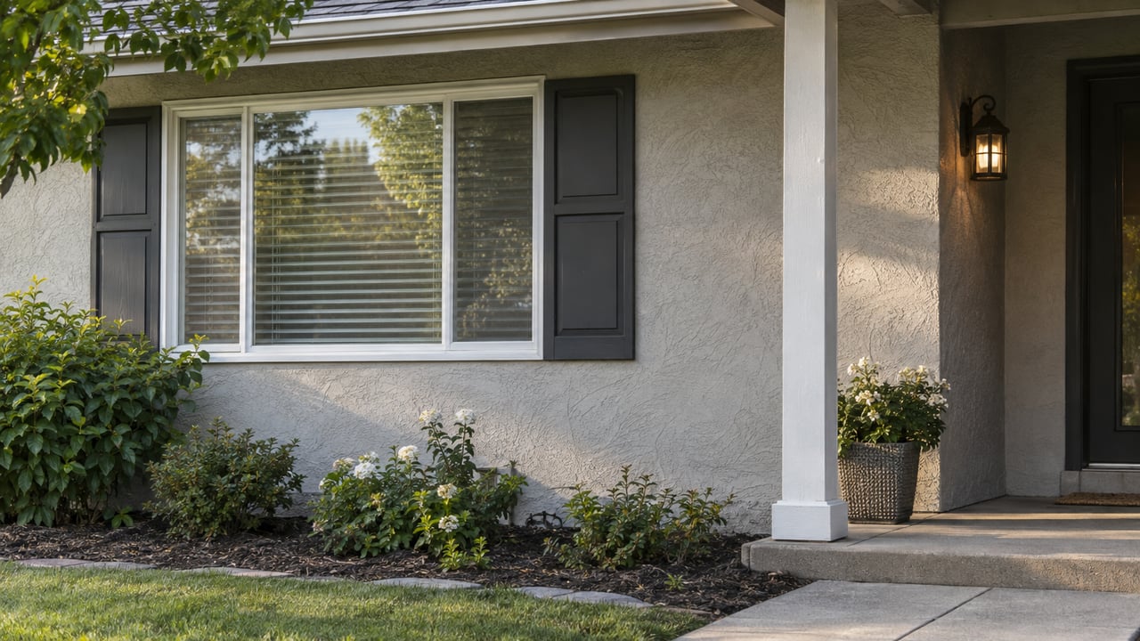 Ivory stucco ranch facade with a white-framed window, recessed wooden door, red-tile eave, and single salvia plant.