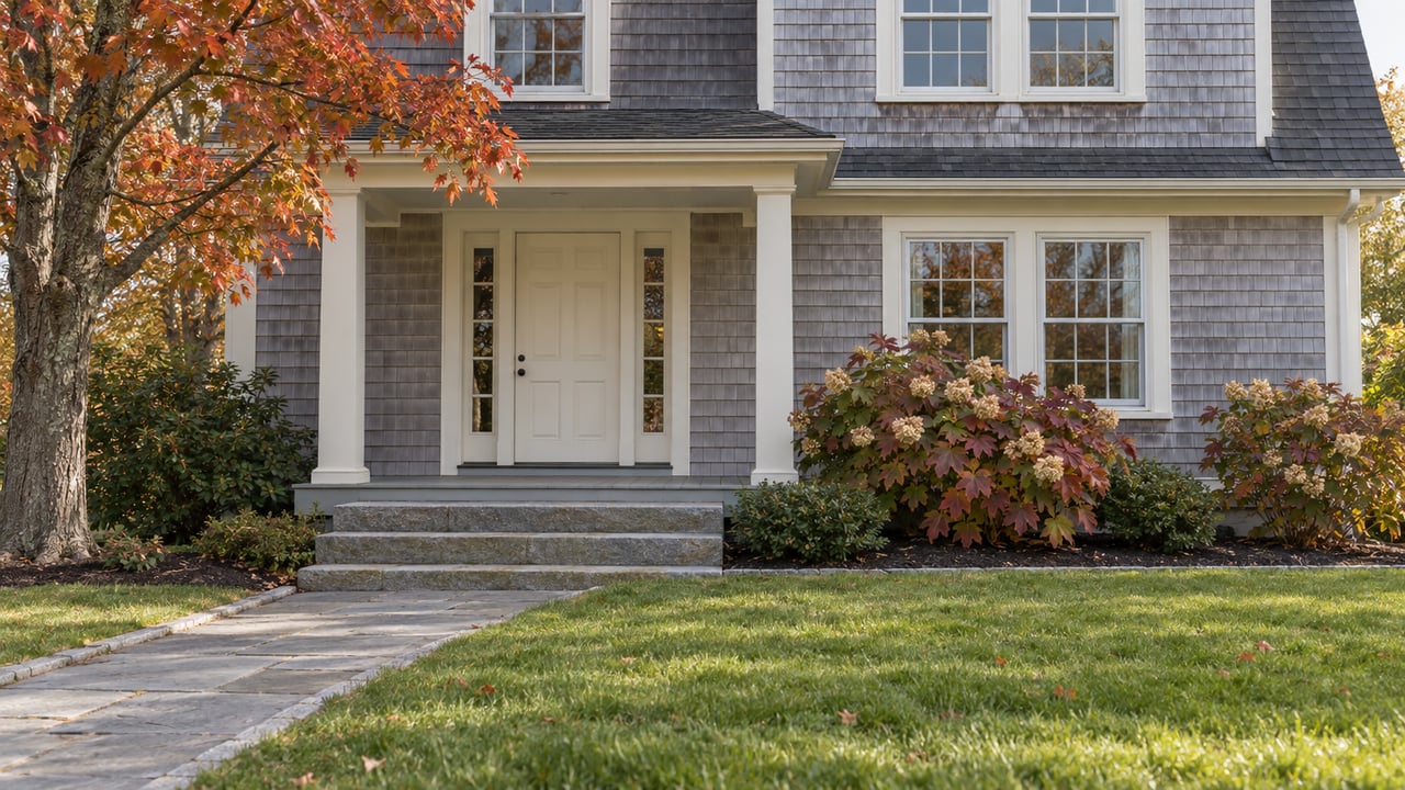 Cedar-shingle gambrel home with ivory window trim, a covered entry porch, bluestone path and autumn maple foliage.