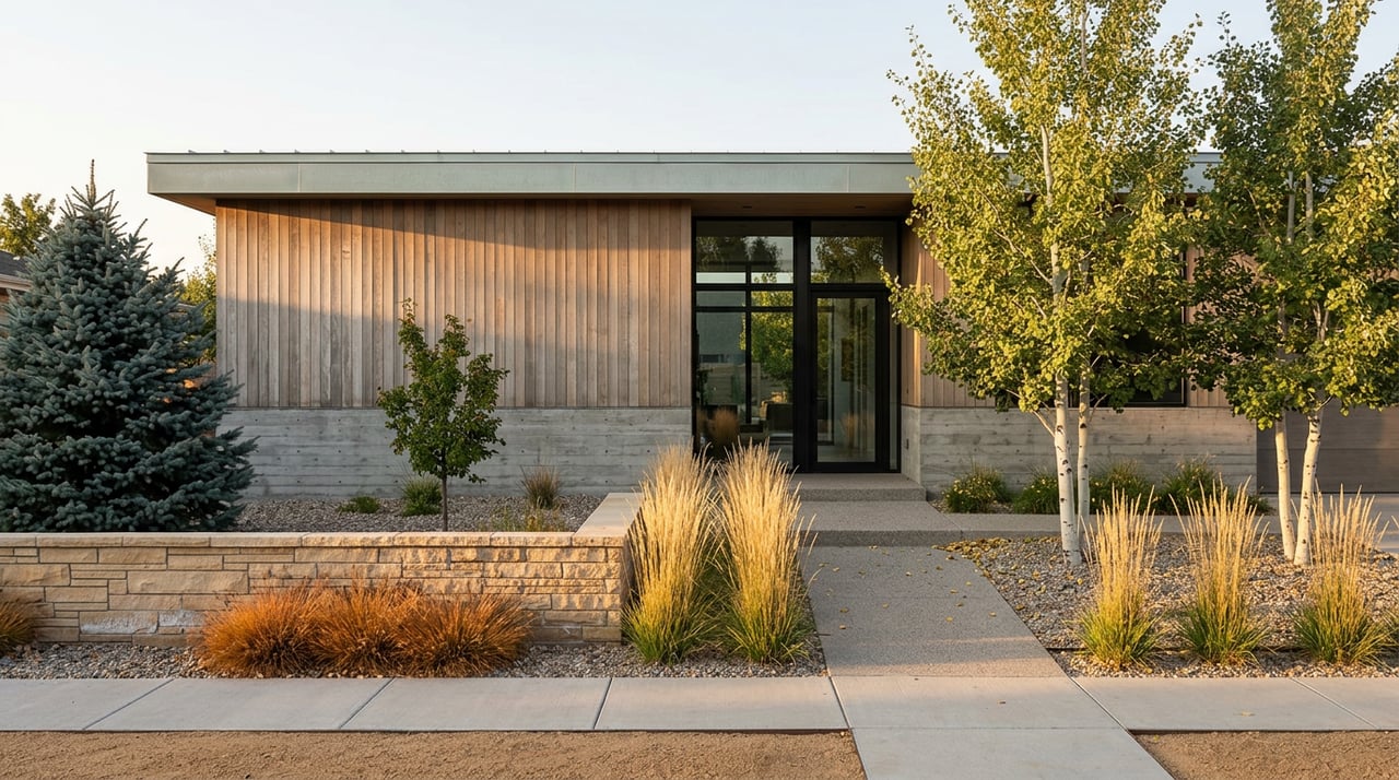 Contemporary home with board-formed concrete and cedar facade, black-framed glass, and xeric landscaping with aspens and spruce.