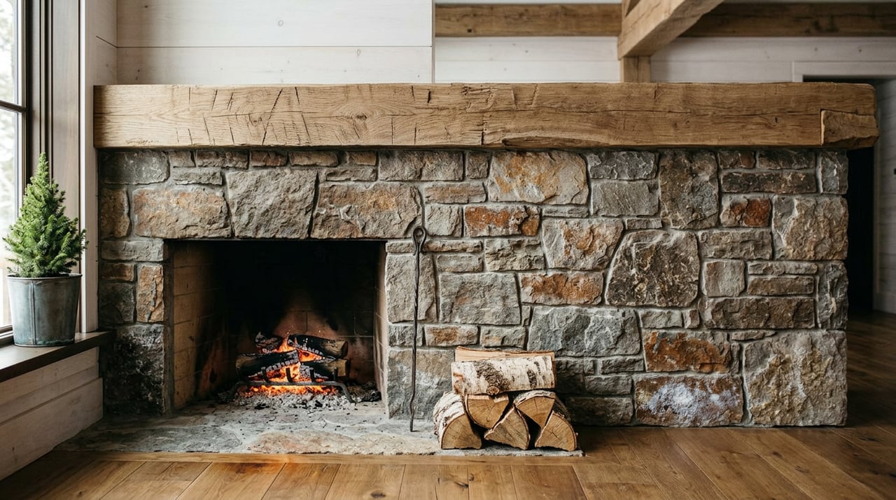 Fieldstone fireplace with a rough oak mantel, glowing embers, leaning iron poker, and stacked birch firewood.