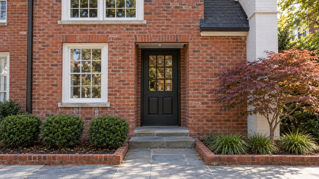 Narrow red-brick attached home with a black glazed door, stone steps, and small landscaped beds.