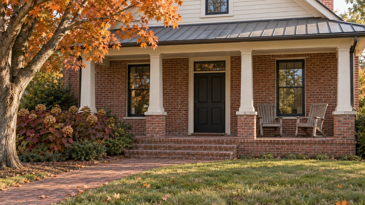 Red brick house with an ivory covered porch, worn brick path and orange maple leaves in warm autumn light.